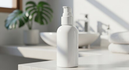 White bottle with pump sits on marble countertop in bright bathroom with sink and plant, creating a clean and minimalist aesthetic.