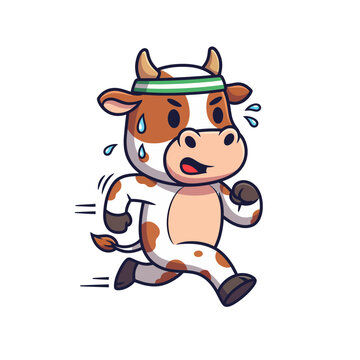 Cute cartoon cow character jogging with a headband, sweating during a fitness workout. Funny farm animal mascot running, vector illustration for a healthy lifestyle concept