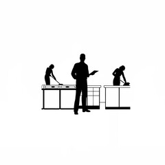 Inspector observing cleaning staff disinfecting kitchen surfaces silhouette isolated on white background