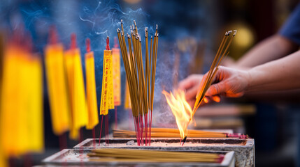 Burning Incense Sticks and Sacred Prayers during Phuket Vegetarian Festival Devotional Rituals in Thailand Temples