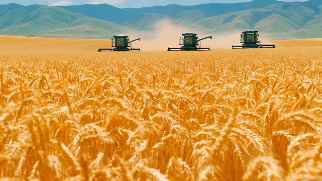 A combine harvests barley in a golden field with chaff flying a dust cloud trailing a farmer monitoring from the cab and a silo looming in the distance shown in a gritty photo