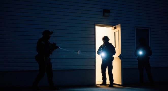 Three dark figures with guns approach an open doorway at night - Powered by Adobe