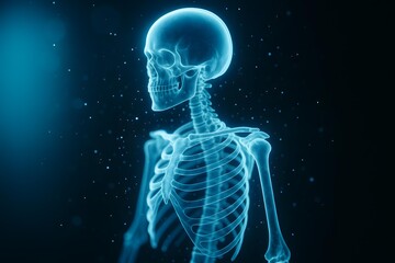 Glowing Neon X-ray Skeleton with Futuristic Digital Particles - Medical Science and Anatomy Concept