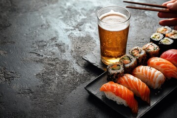 Sushi Beer. Traditional Japanese Sushi Plate with Fresh Salmon and Glass of Beer