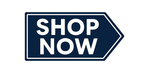 Obraz premium Flat vector banner design text SHOP NOW bold font navy and white palette arrow shape minimal vector style isolated on white