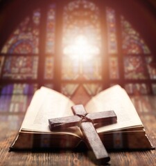 Wooden cross, Christian faith symbol, inside church