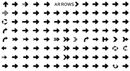 Extensive Set of Black Arrow Icons Featuring Multiple Directions, Styles, Curves, Rotations, and Movement Indicators Designed for User Interfaces, Navigation, Infographics, and Digital Graphic Design 