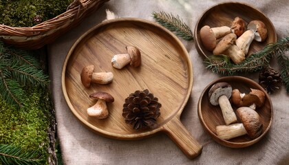 Fototapeta premium forest picnic with earthy tones wooden plates and fresh mushrooms gathered from the wild
