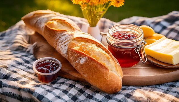 sun kissed baguette butter and jam arranged on a rustic picnic blanket french countryside charm