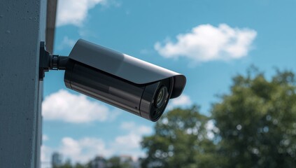 Close-up of the modern outdoor surveillance camera fixed to a concrete wall, captured within daylight featuring blue sky, scattered clouds, and green trees in the background
