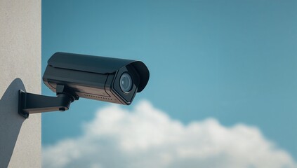 Close-up of the modern surveillance camera fixed upon an exterior wall, captured against a bright blue sky featuring soft clouds within daylight, emphasizing security and monitoring