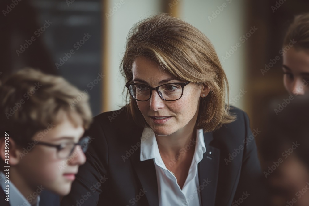 Poster educator engaging with students in a collaborative learning environment at a school