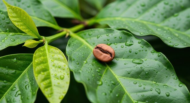 Aromatic Coffee bean resting on vibrant leaf with dewdrops in morning light