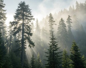 Obraz premium Misty ethereal forest canopy sunlight rays through tall evergreen trees serene nature background