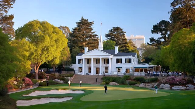 A group of retirees plays golf on a lush course with rolling fairways sand bunkers and a clubhouse in the distance captured in a crisp photo with grass textures club swings