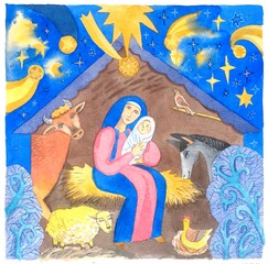 Watercolor illustration. 
Scene of the Nativity of Christ. The baby in the arms of the mother. A beautiful drawing for your print.