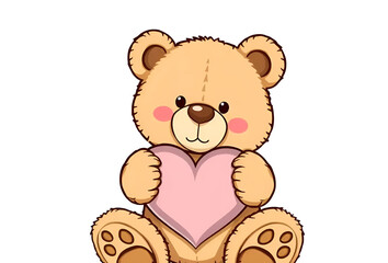 Fototapeta premium cute teddy sitting and holding a heart on white background, Generative AI