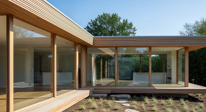 Modern residence architectural design featuring wood and glass facade