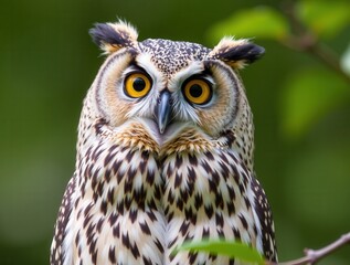 Close-Up of Owl with Yellow Eyes and Textured Plumage at Sunset