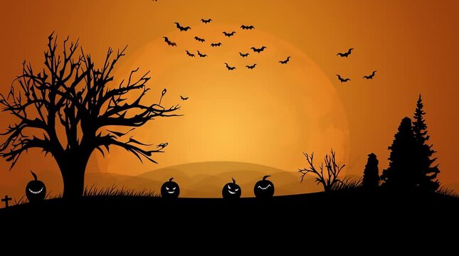Halloween vector background with pumpkins, bats and spooky silhouettes