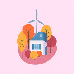 Trendy, colorful autumn poster, cover, and card featuring houses among trees and autumn forests. Autumn background, template for advertising, sales, websites, social media, and print