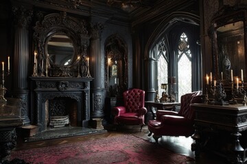 Victorian House Inside. Gothic Victorian Style Luxury Mansion Interior with Dark Room and Elegant Chair