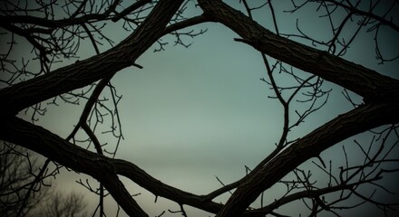 Tree branches form diamond shape against a cloudy sky, low angle view