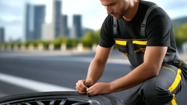 A mechanic patches a punctured tire in a roadside repair van with tools clanking patches sticking a jack lifting and a highway humming nearby captured in a urgent photo with