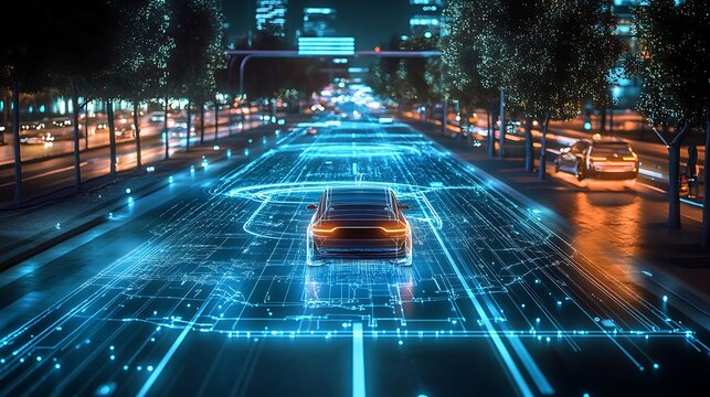 Exploring autonomous vehicle technology on city streets at night with digital overlay and future transport - Powered by Adobe