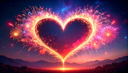 Heart-shaped fireworks display over landscape