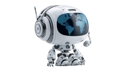 Cute white robot with headset displays world map global technology
