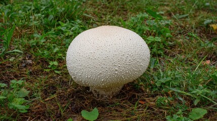 White Giant Puffball Mushroom Closeup in Natural Grass Park