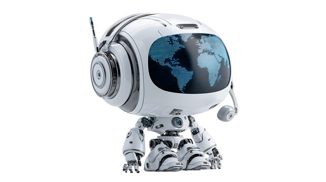 Cute white robot with headset displays world map global technology