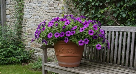 Obraz premium Purple Petunia Paradise Blooms Spill From Pot on Weathered Bench in Garden.