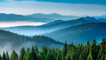 misty pine forest covering rolling hills with blue haze and serene layered greenery in a tranquil atmospheric mountain landscape generative ai