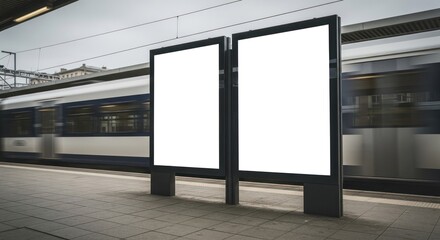 Obraz premium Two blank billboards stand on a train platform, train speeding past