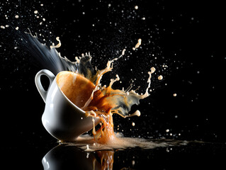 Dynamic Coffee Splash with Flying Beans and Cream Foam