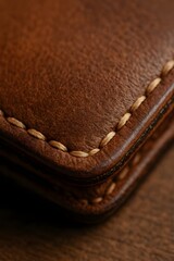 Macro close-up of leather wallet corner with detailed stitching
