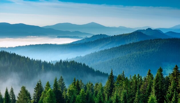 misty pine forest covering rolling hills with blue haze and serene layered greenery in a tranquil atmospheric mountain landscape generative ai