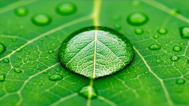 A bright green leaf with water droplets one large one displaying the leafs veins