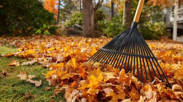 Yard Clean Up. Raking Autumn Leaves for Disposal in Black Collection Bags