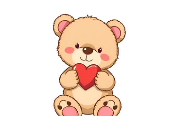Fototapeta premium cute teddy sitting and holding a heart on white background, Generative AI