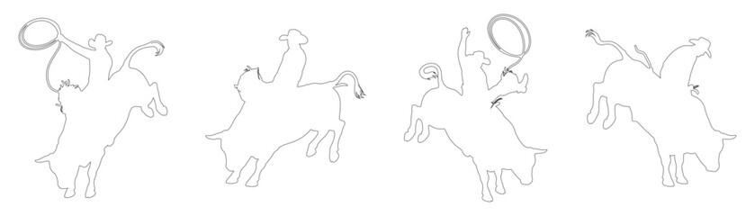 Rodeo bull riding cowboy outline vector illustration set, dynamic line drawings of western bull rider in action poses, extreme sports rodeo competition graphics for posters, apparel, and design