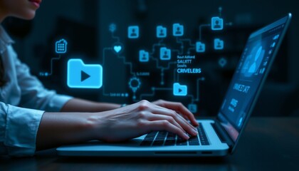 A person typing on a laptop,with digital folder interface overlay cool color tone, 4K sharp professional photo.