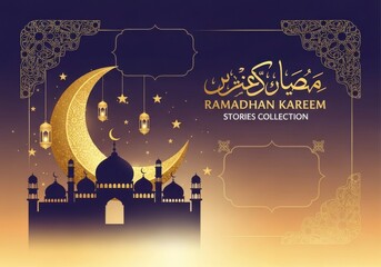 Golden crescent moon and mosque silhouette for Ramadhan Kareem celebration