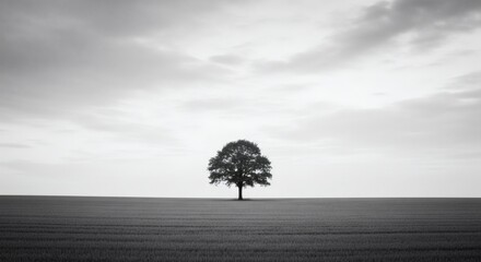 Obraz premium Lonely Tree in a Vast Field Under a Cloudy Sky
