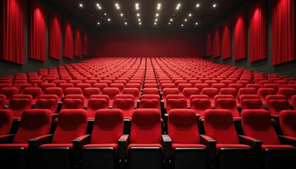 Fototapeta premium Rows of empty red seats fill theatre auditorium, with stage lighting casting shadows across plush velvet. Red curtains drape walls, creating dramatic atmosphere for performances, concerts, film