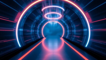 Abstract tunnel, corridor with rays of light and new highlights. Abstract blue background, neon. Scene with rays and lines, Round arch, light in motion, night view.