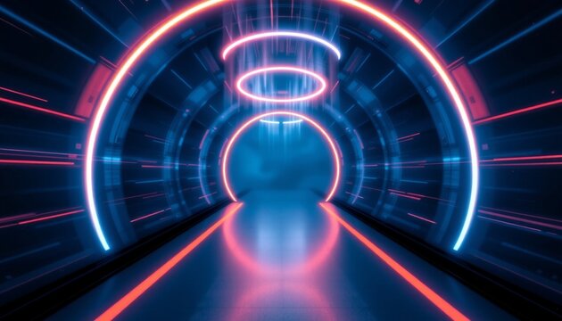 Abstract tunnel, corridor with rays of light and new highlights. Abstract blue background, neon. Scene with rays and lines, Round arch, light in motion, night view.