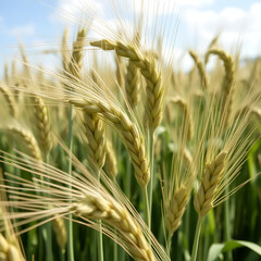 Fototapeta premium A closeup of triticale ears ready for harvest as silage on a summer day With copyspace for text